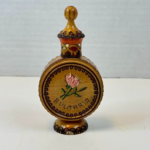 Vintage Small Bulgarian Rose Oil Essence Wood Bottle Ornate Design Collectible - Picture 2 of 5